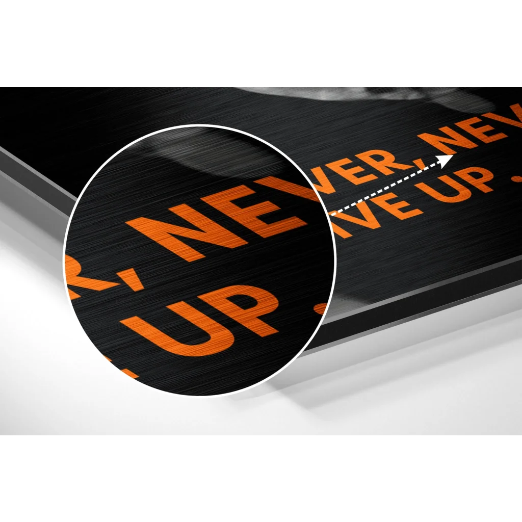 glass wall art Black and orange motivational poster on brushed aluminium dibond