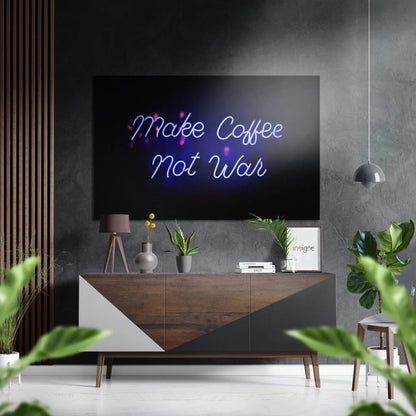 Neon Make Coffee Not War sign in blue and purple on brushed aluminium dibond wall art