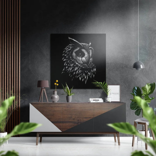 Stunning black and white geometric owl wall art on brushed aluminium dibond