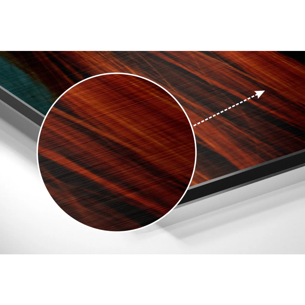 glass wall art Rich reddish-brown wood veneer on stunning brushed aluminium dibond print