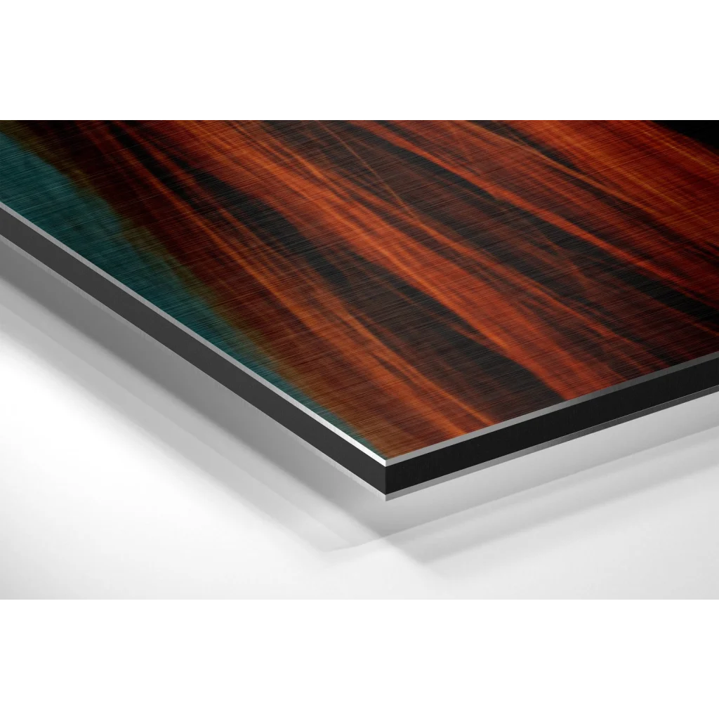 Glass Wall Art Stunning brushed aluminium dibond pop art print on rich dark wood-grain surface with sleek black frame and metallic edge