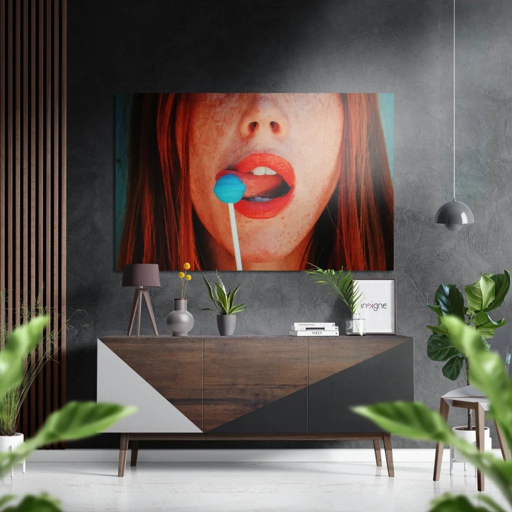Close-up of red freckled lips with blue lollipop on brushed aluminium dibond pop art print