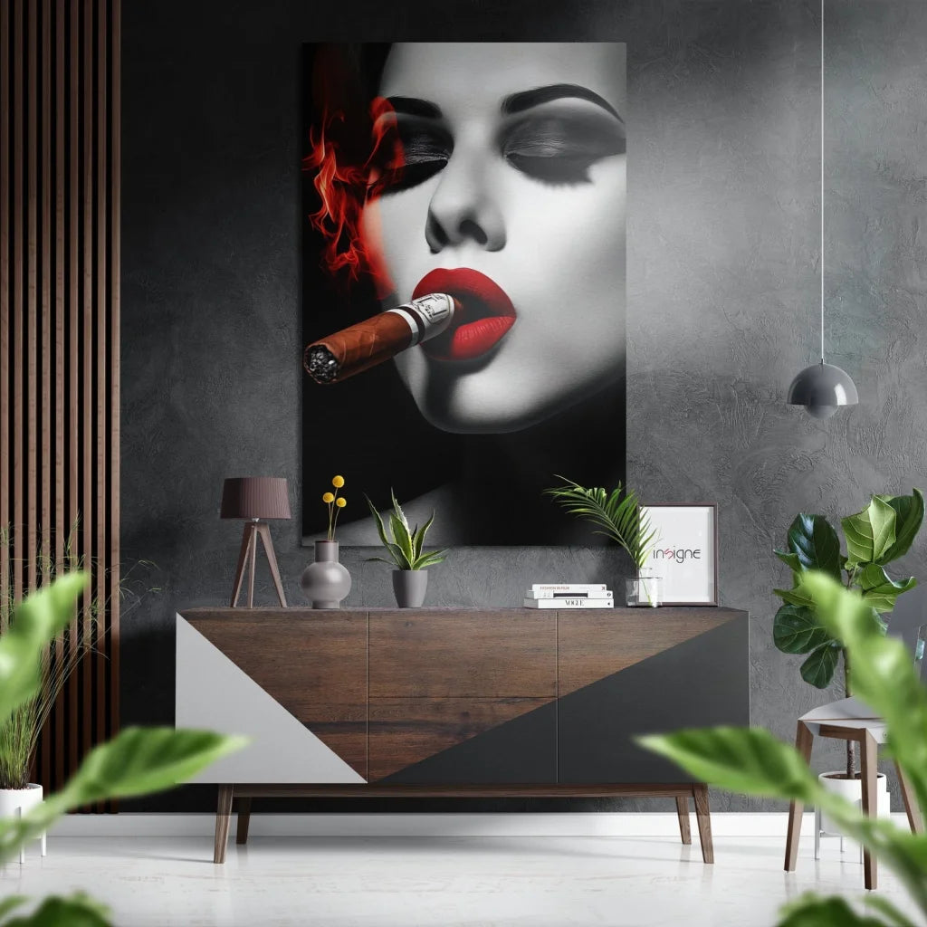 Black-and-white woman portrait on brushed aluminium dibond with red lips and cigar