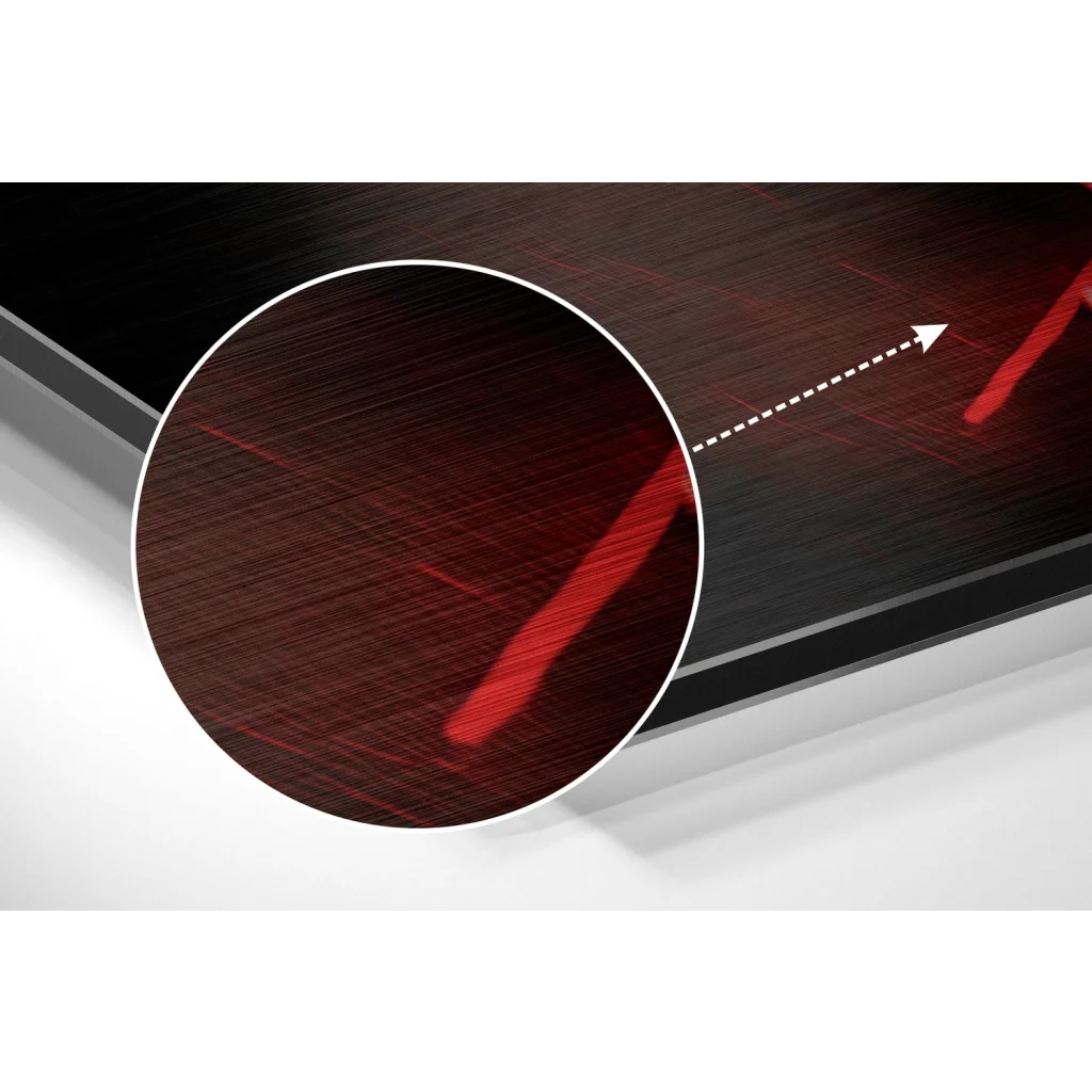 glass wall art Dark red brushed aluminium Dibond portrait with glossy linear texture