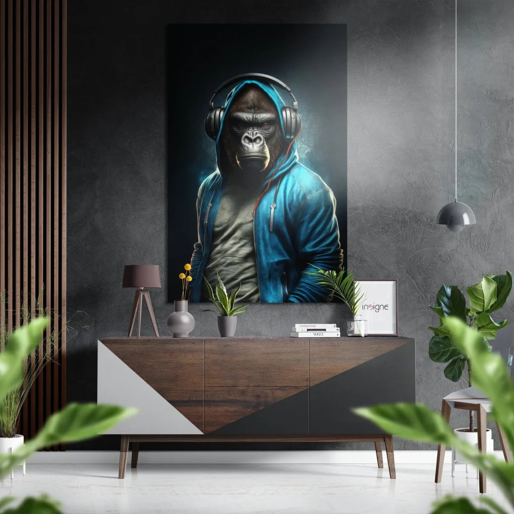 Gorilla in headphones and blue hoodie on brushed aluminium dibond print