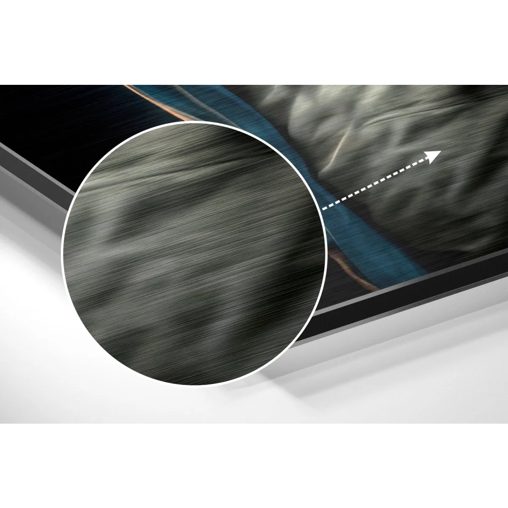 Close-up of brushed aluminium Dibond print on modern TV edge