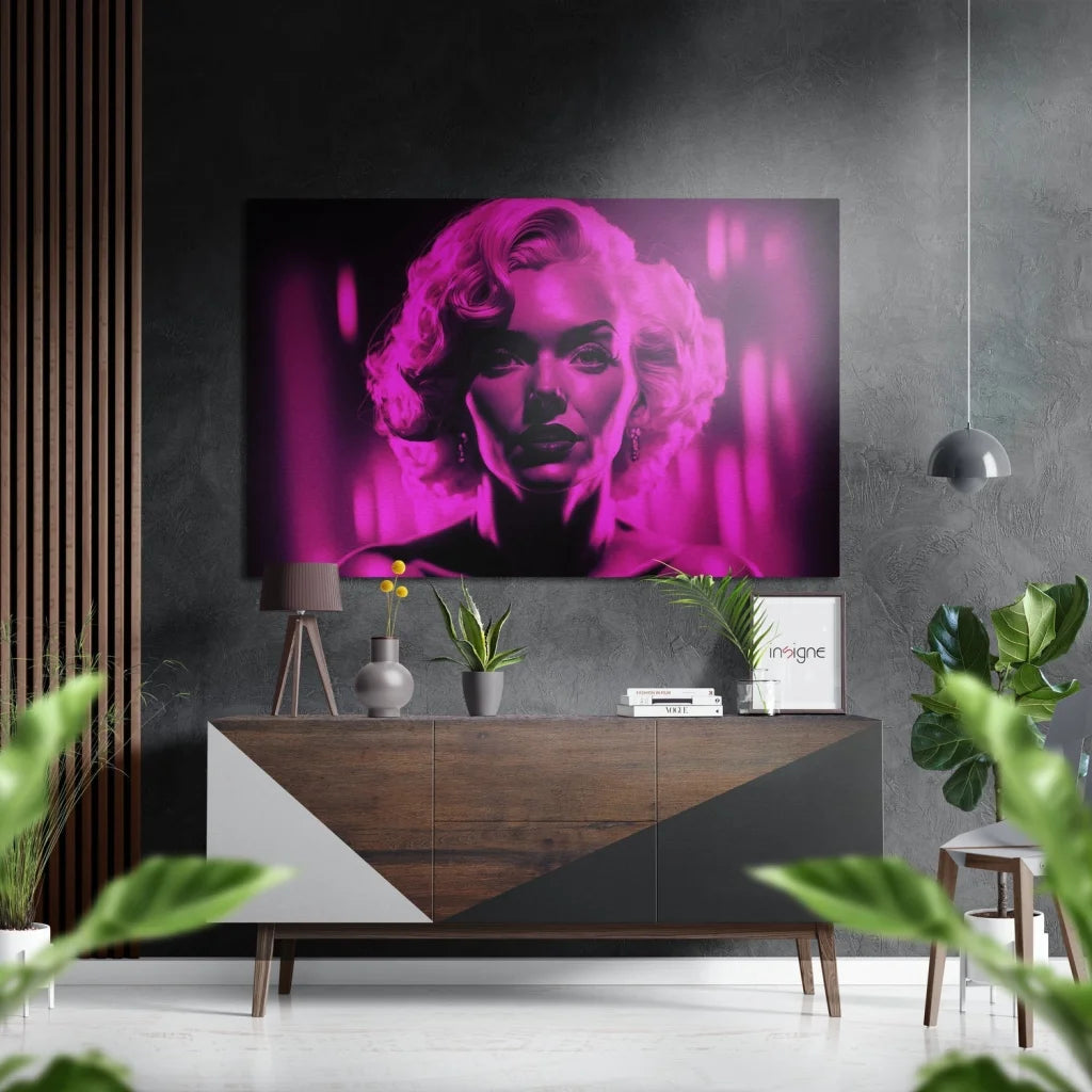 Vibrant magenta Marilyn Monroe portrait on brushed aluminium dibond wall art