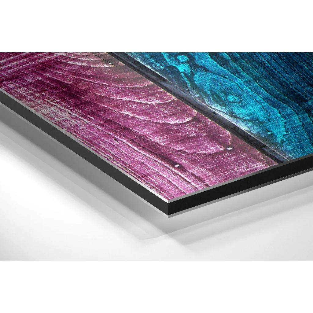 Glass Wall Art Vibrant magenta to teal abstract art on brushed aluminium dibond, framed in black