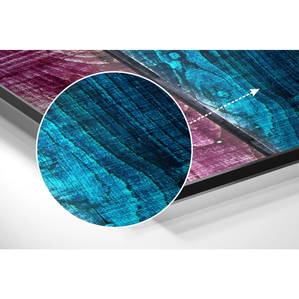 glass wall art Sleek modern TV with vibrant blue purple wood-grain on brushed aluminium dibond print