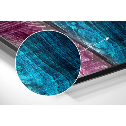 Sleek modern TV with vibrant blue purple wood-grain on brushed aluminium dibond print