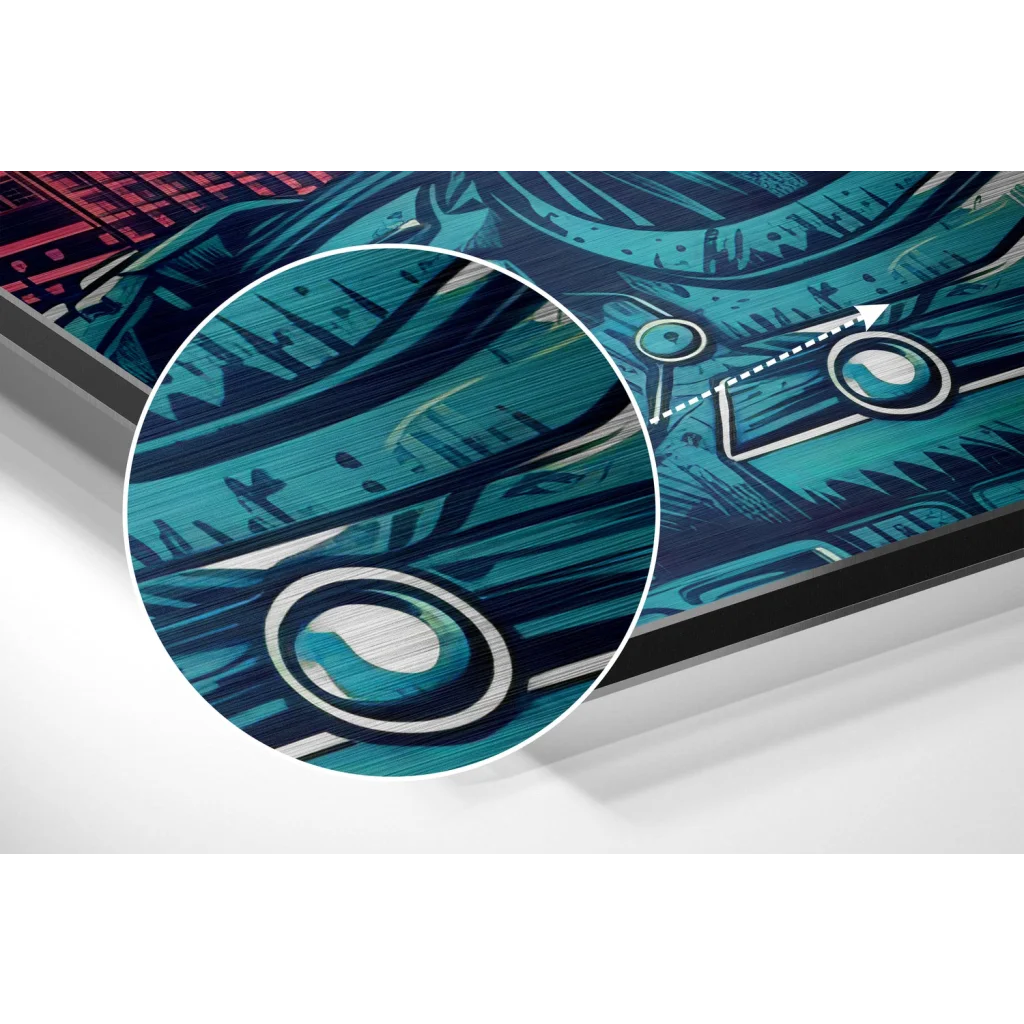 Blue and teal abstract robot art on brushed aluminium dibond