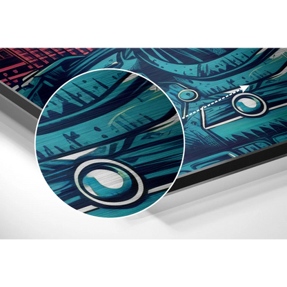 Blue and teal abstract robot art on brushed aluminium dibond
