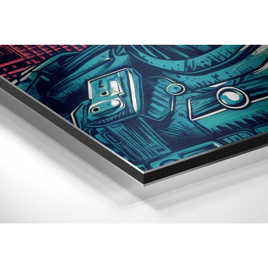 Stunning blue and teal robot art print on brushed aluminium dibond