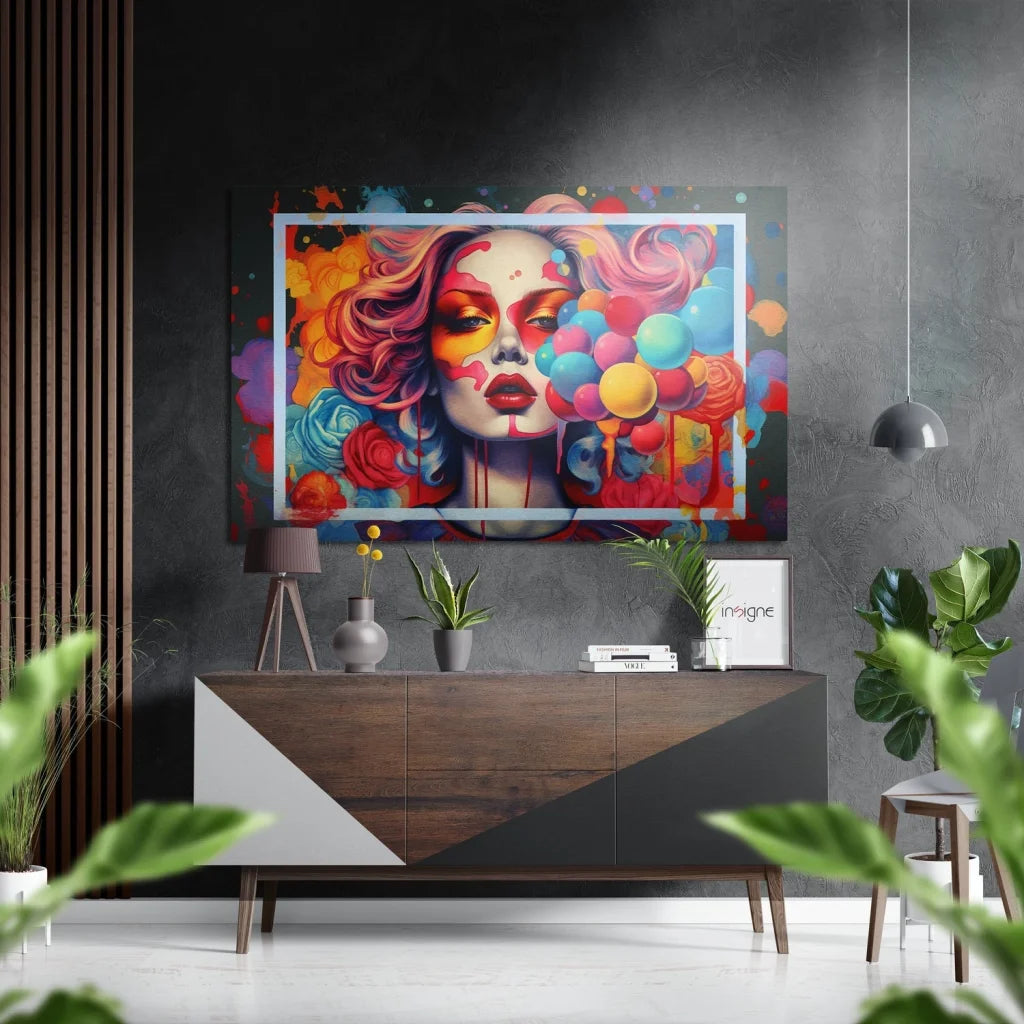 Stunning brushed aluminium dibond rose art print with woman’s face and balloons