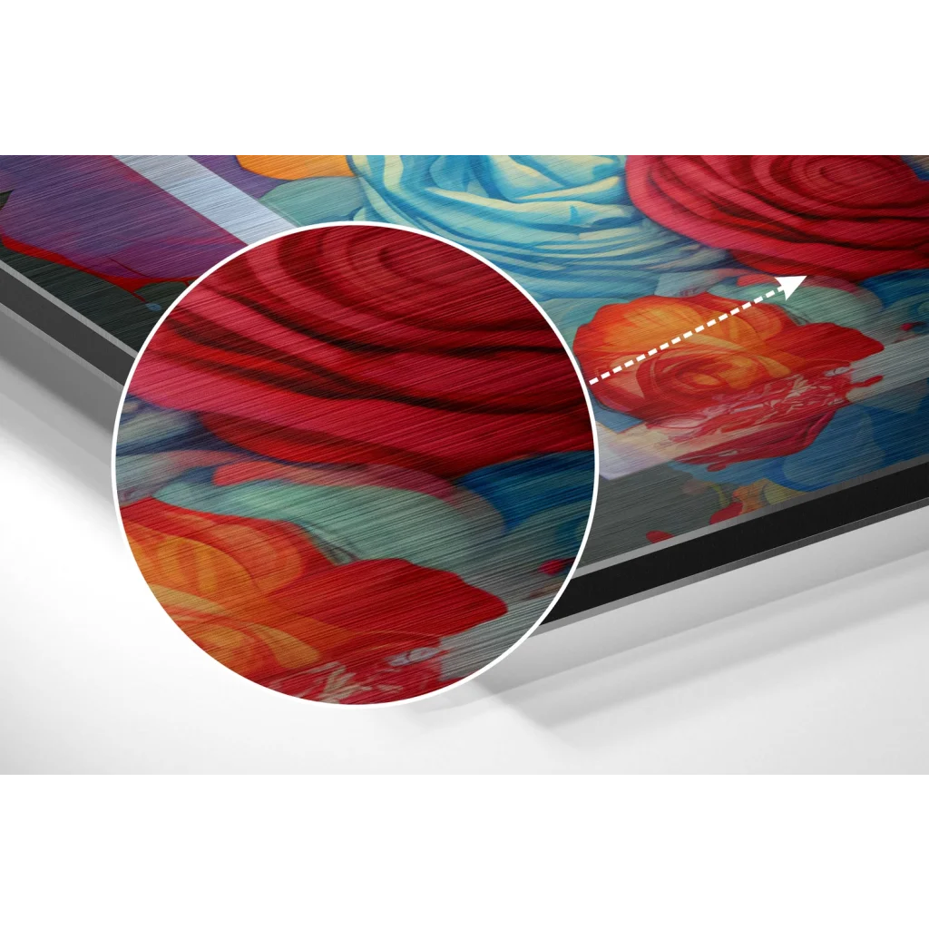 Stunning brushed aluminium dibond rose art print with black frame