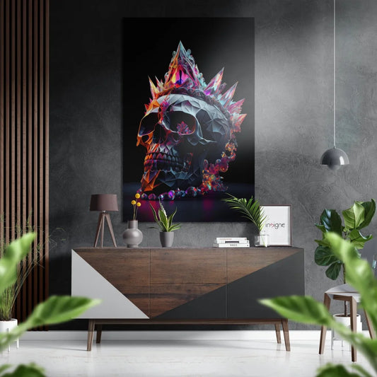 Stunning black skull art on brushed aluminium dibond with colorful spikes