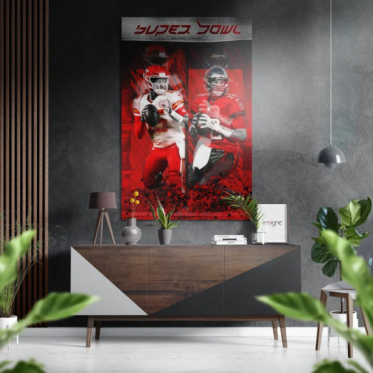 Red and black Super Bowl poster on brushed aluminium dibond art