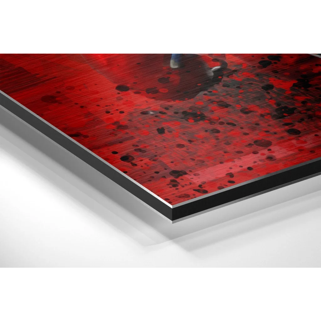 Red black granite countertop on brushed aluminium dibond art