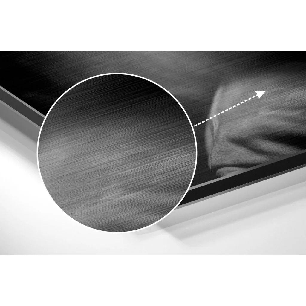 glass wall art Close-up of brushed aluminium Dibond Tupac portrait print frame