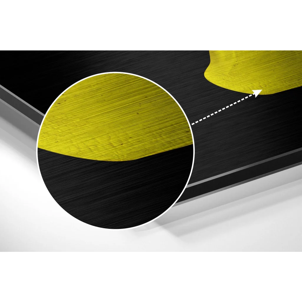 Brushed aluminium dibond wall art in bold yellow with textured black detail