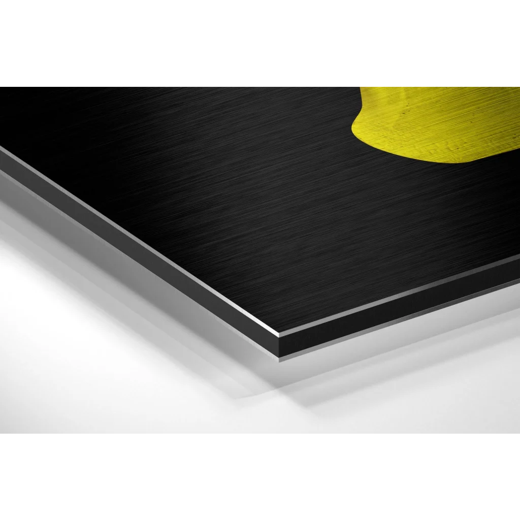 Bold yellow abstract in black brushed aluminium dibond frame