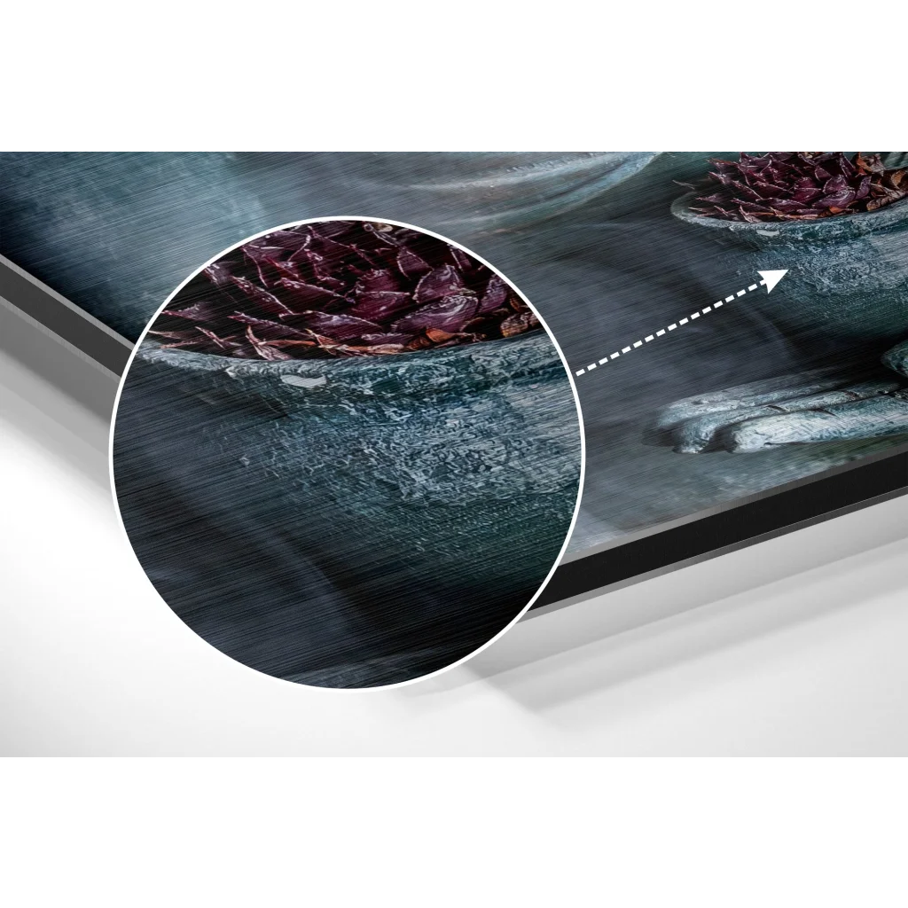 Dark teal canvas art of burgundy leaves in stone bowl, brushed aluminium dibond