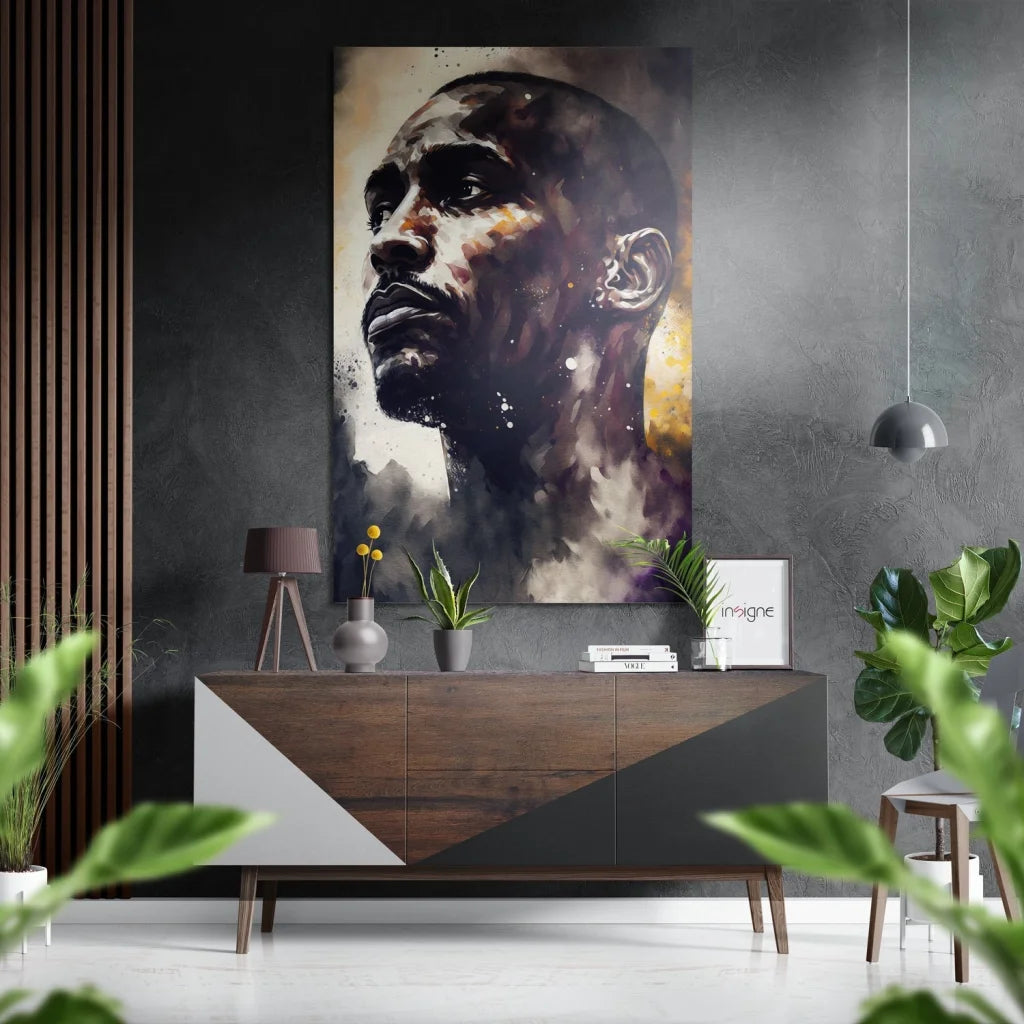 Striking black-and-white portrait on brushed aluminium dibond wall art