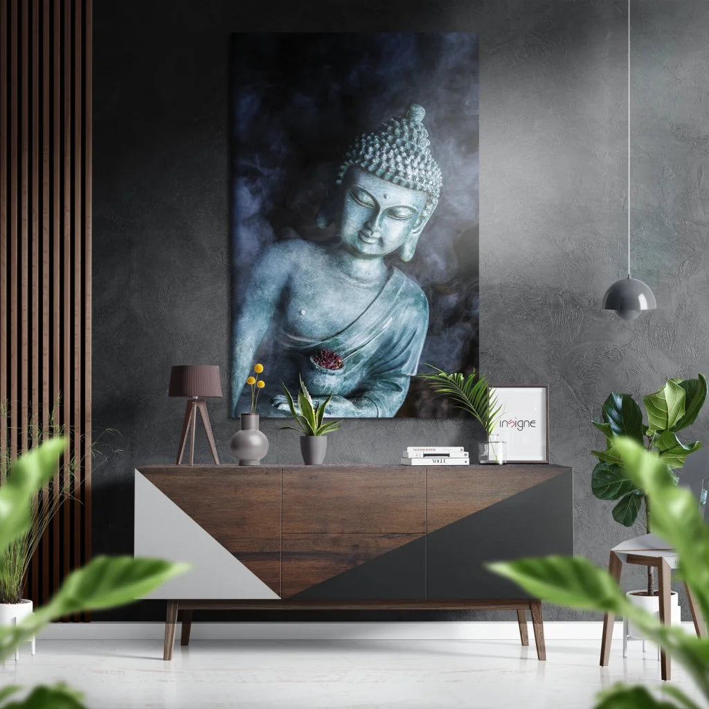 Serene teal Buddha portrait on brushed aluminium Dibond wall art