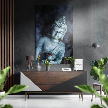 Serene teal Buddha portrait on brushed aluminium Dibond wall art