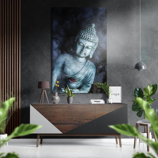 Serene teal Buddha portrait on brushed aluminium Dibond wall art