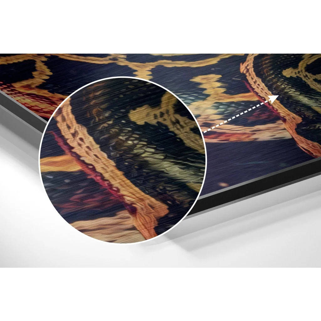 Stunning brushed aluminium dibond wall art with swirling golden patterns
