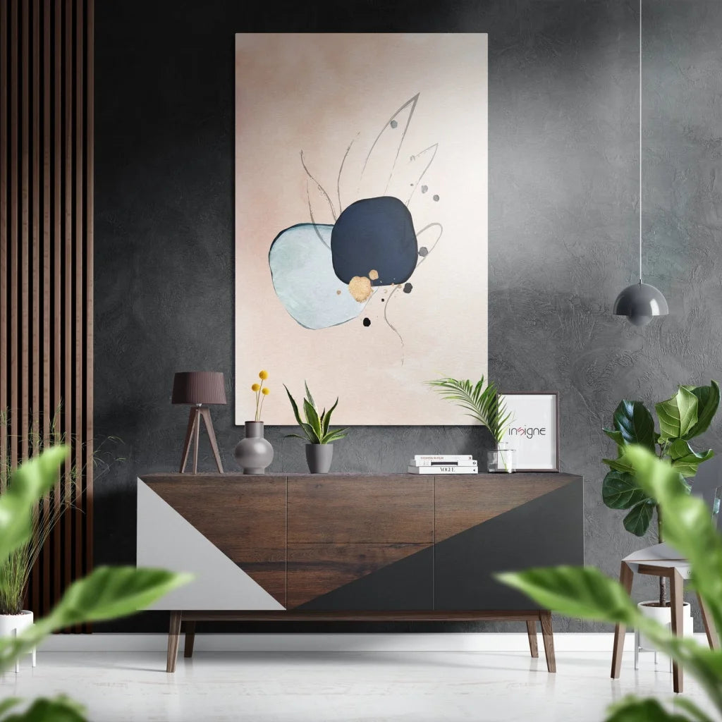 Abstract navy teal shapes on peach with gold dots in brushed aluminium dibond wall art