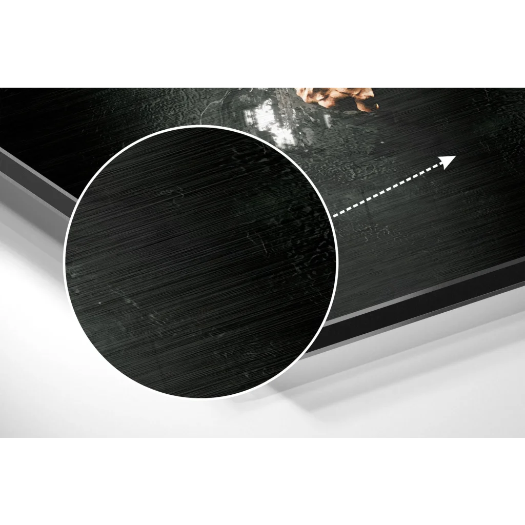 Black textured wood panel with white arrow on brushed aluminium dibond art