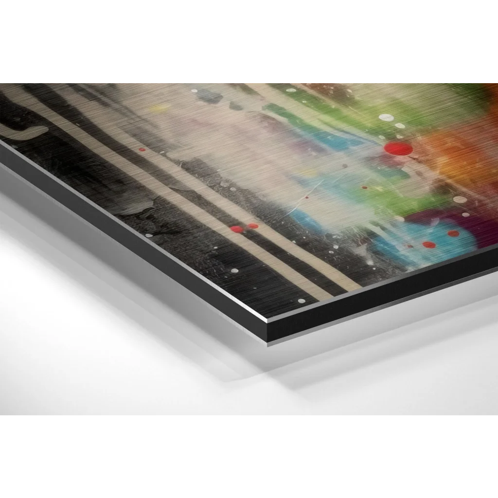 Stunning black and white abstract art with colorful splatters on brushed aluminium dibond, silver framed