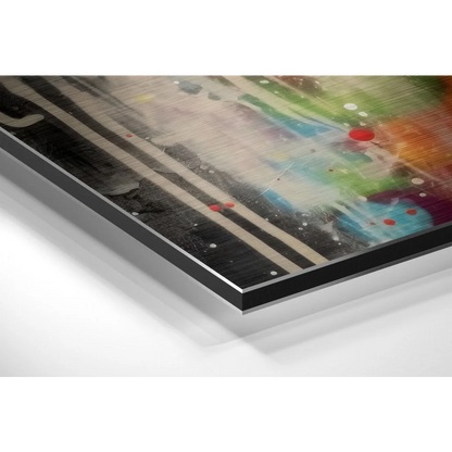 Stunning black and white abstract art with colorful splatters on brushed aluminium dibond, silver framed