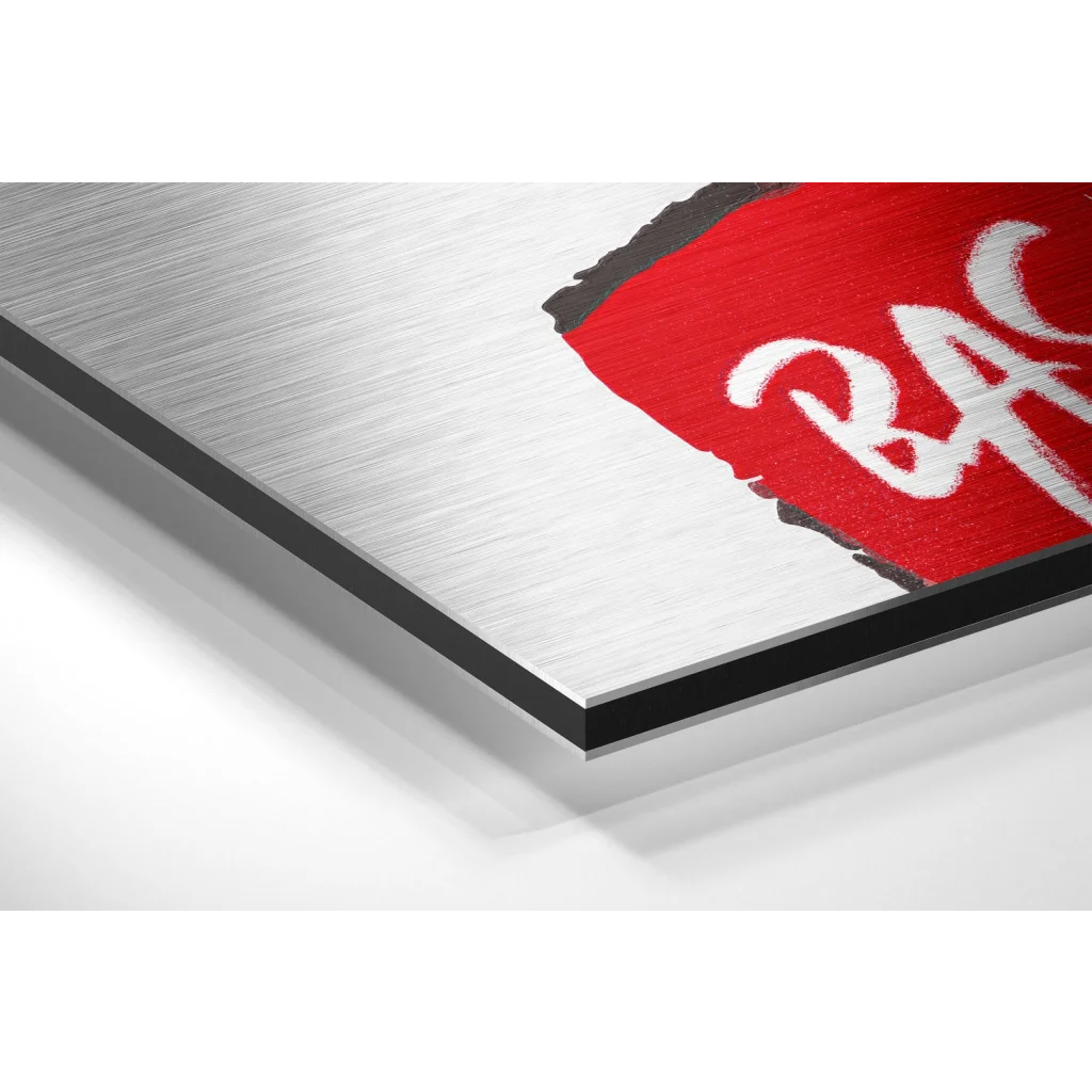 Glass Wall Art Silver metal laptop cover with red white logo on brushed aluminium dibond art