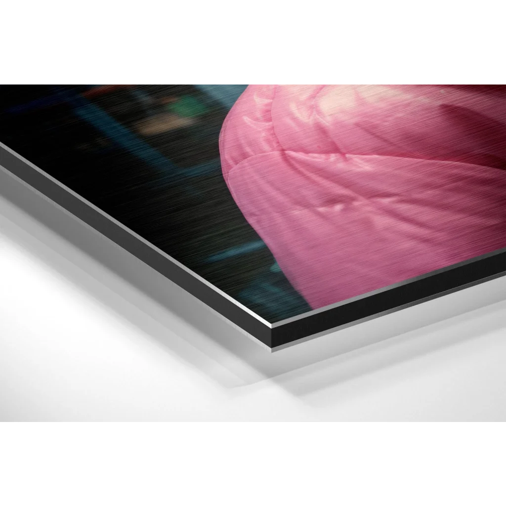 Vibrant pink satin fabric folds on dark background in brushed aluminium dibond art