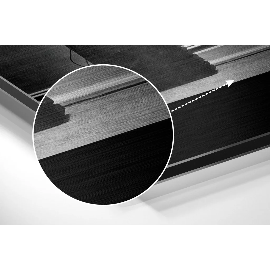 glass wall art Stunning brushed aluminium dibond wall art with black wood-grain plank