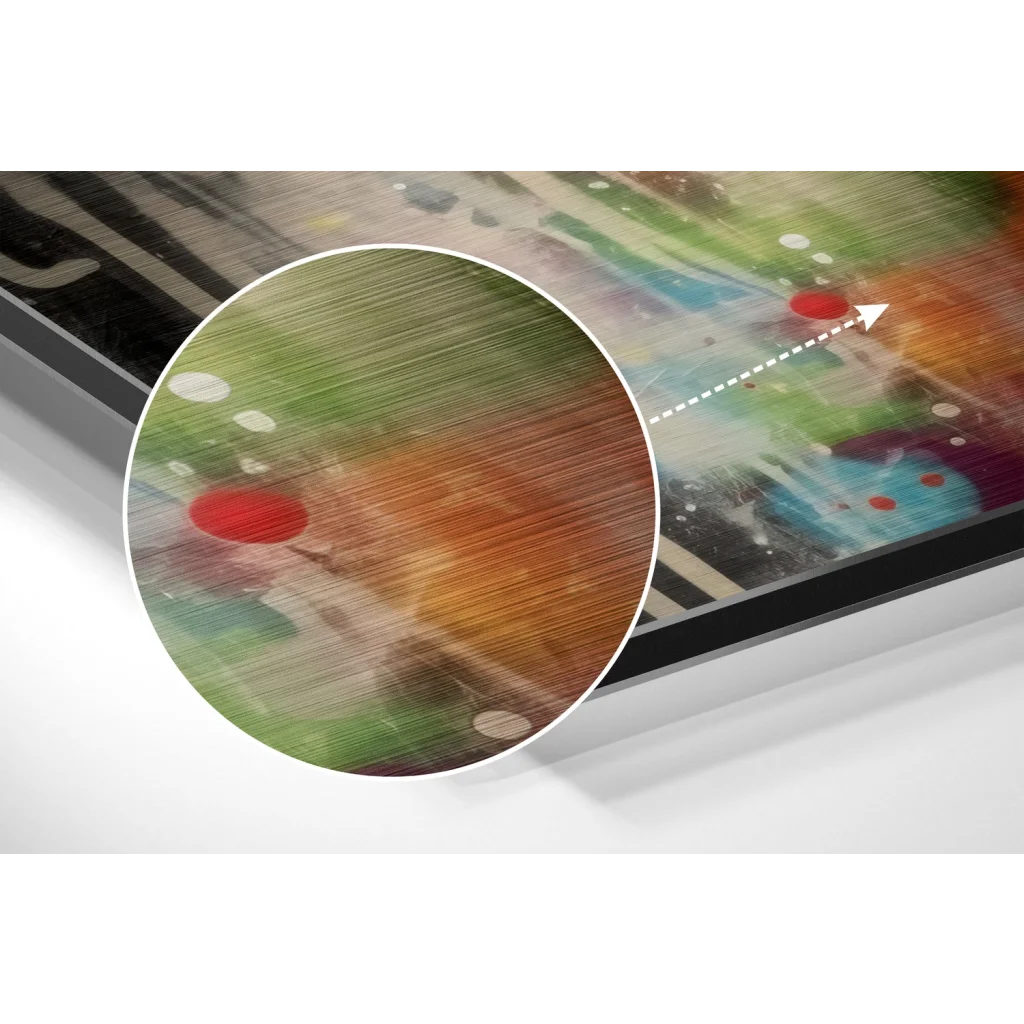 Glossy ceramic tile with red green accents on brushed aluminium dibond wall art