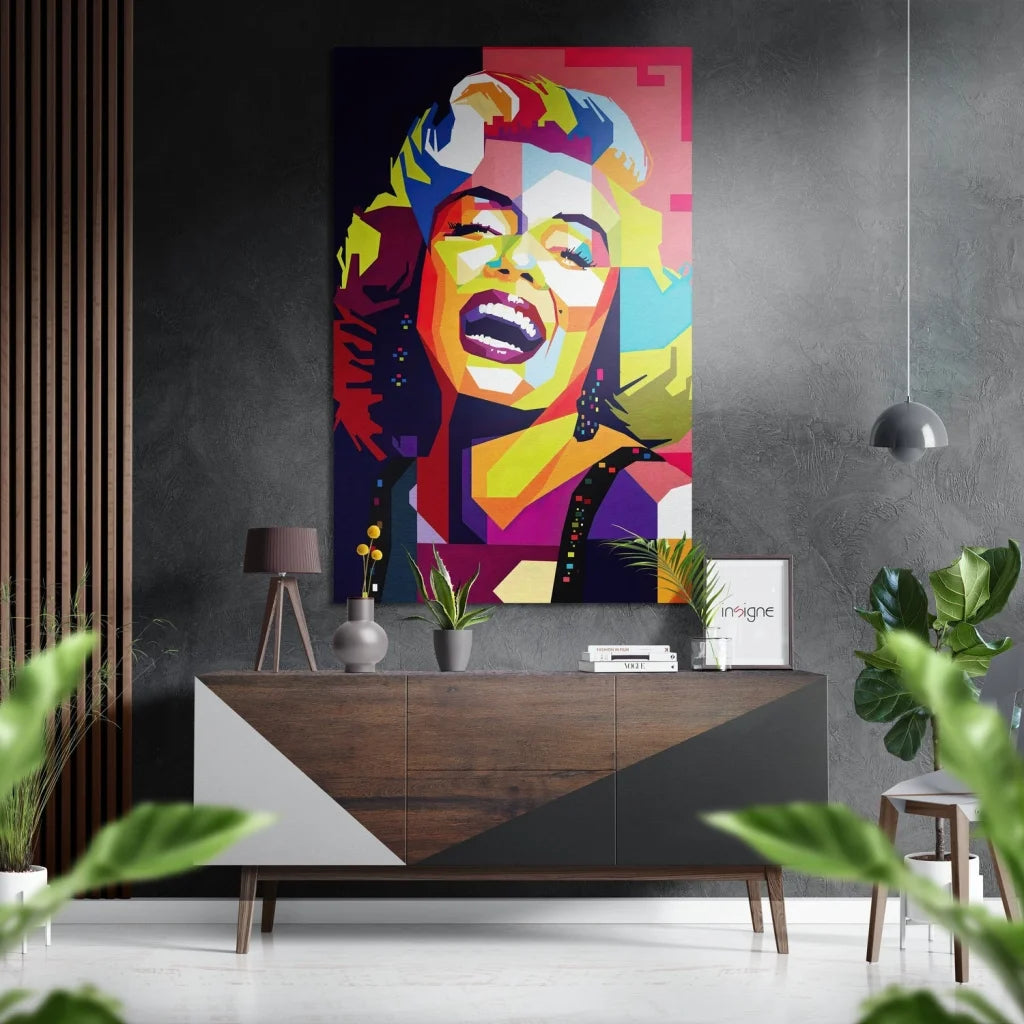 Vibrant pop art Marilyn Monroe portrait on brushed aluminium dibond