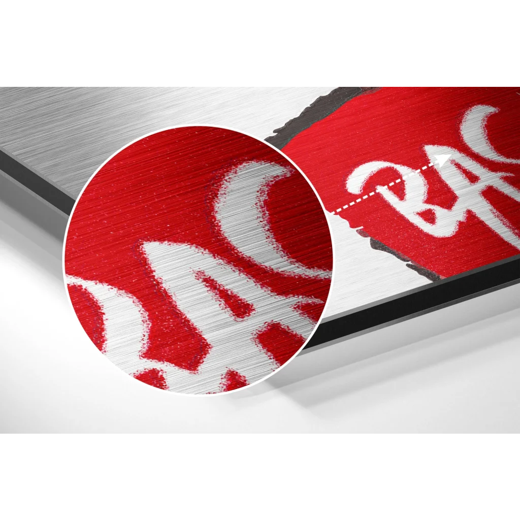 glass wall art Red Coca-Cola logo on stunning brushed aluminium dibond wall art
