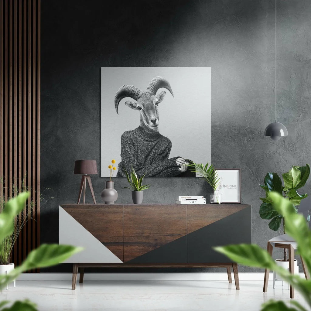 Modern wooden console table in brushed aluminium dibond wall art print