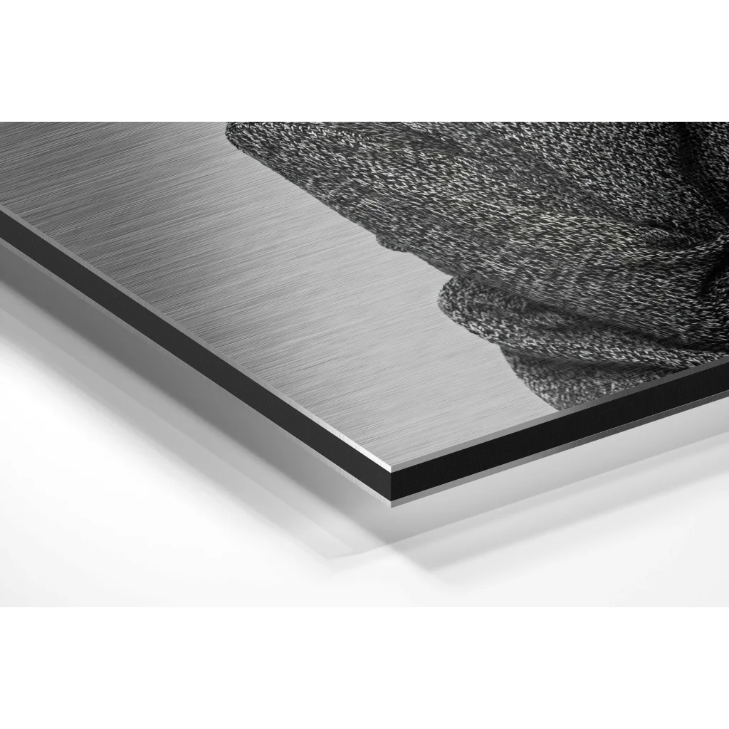 Stunning brushed aluminium dibond wall art with silver frame and black textured interior