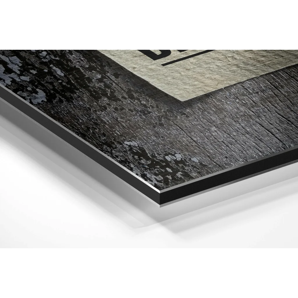 Black distressed wood frame art print on brushed aluminium dibond