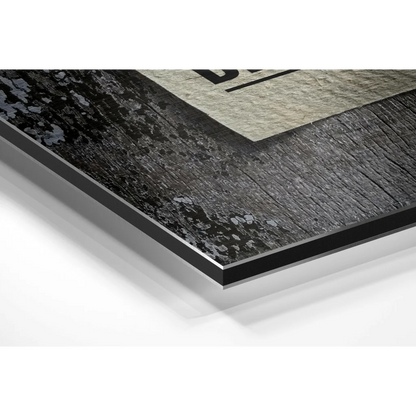 Black distressed wood frame art print on brushed aluminium dibond