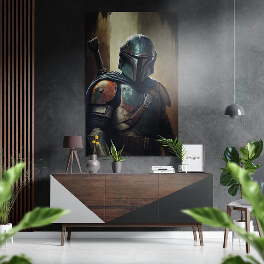 Mandalorian bounty hunter in weathered armor on brushed aluminium Dibond print