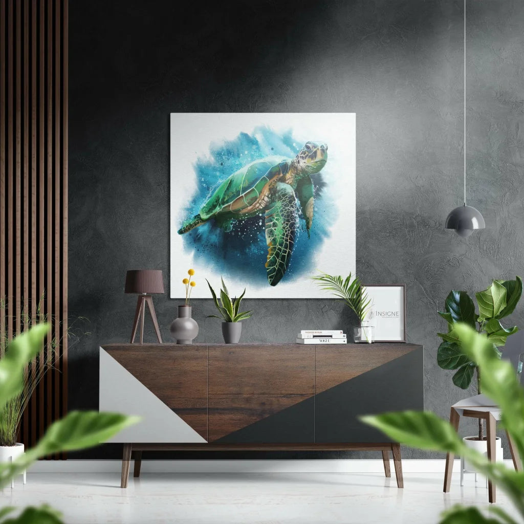 Vibrant watercolor green sea turtle in blue waves on brushed aluminium dibond wall art