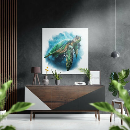 Vibrant watercolor green sea turtle in blue waves on brushed aluminium dibond wall art