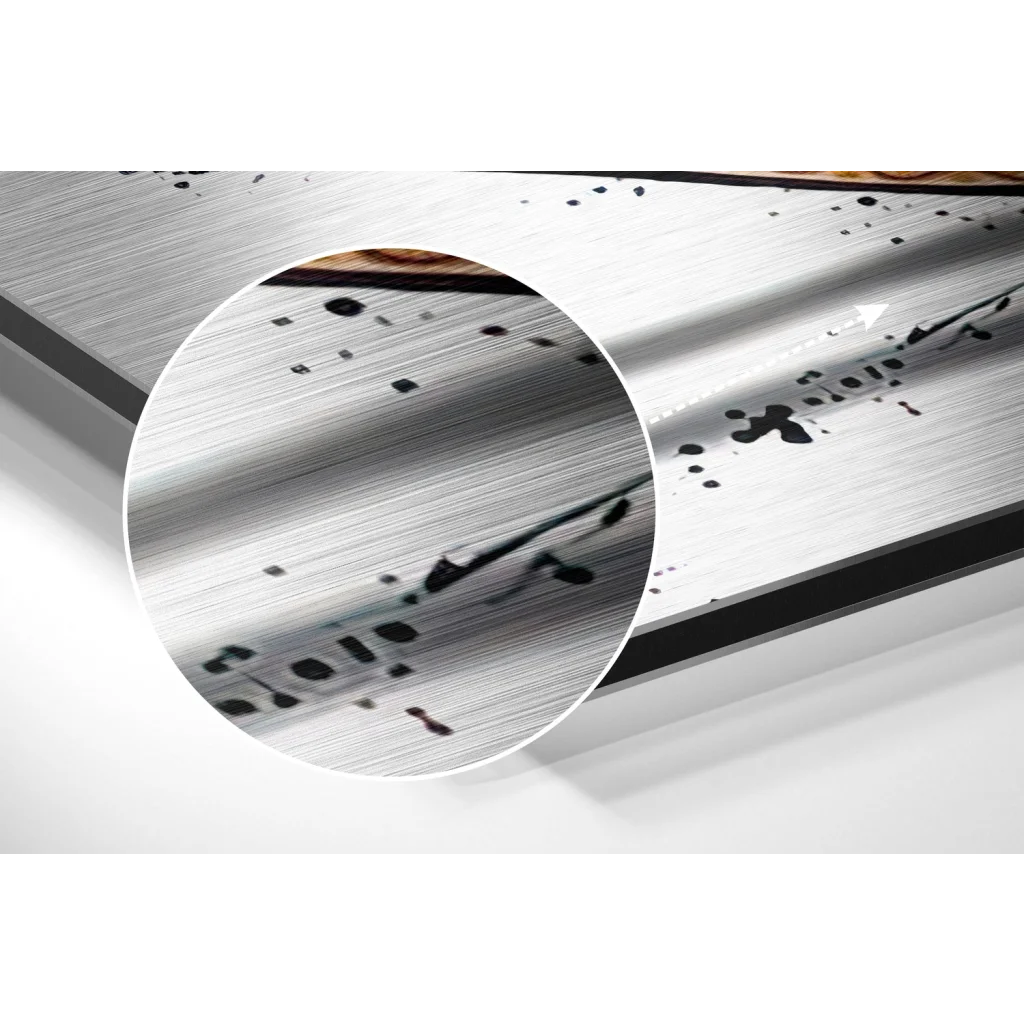 Brushed aluminium Dibond wall art print of speckled scratched door handle