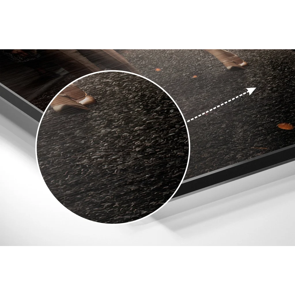 glass wall art Black textured gravel and autumn leaves on brushed aluminium dibond print